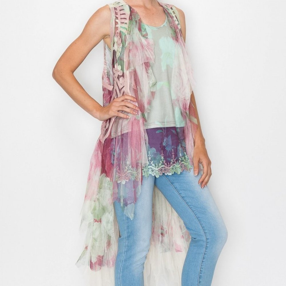 new ORIGAMI TULLE BOHO VEST WRAP wine SM-4X stunning shabby chic western floral
